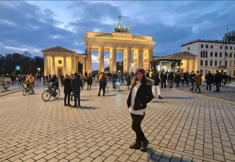 Close-up view of the historic Brandenburg Gate illuminated at dusk in Berlin