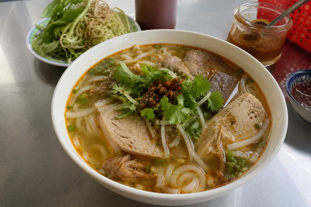 Bowl of bun bo hue noodle soup, Hue's signature dish