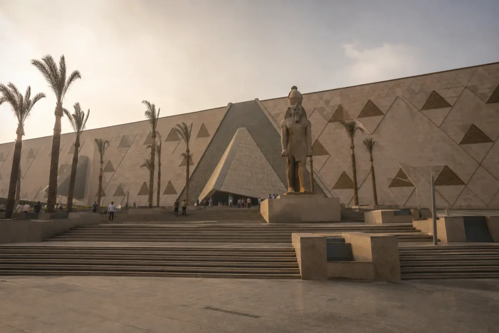 Grand Egyptian Museum entrance with the Ramses II statue at dusk.