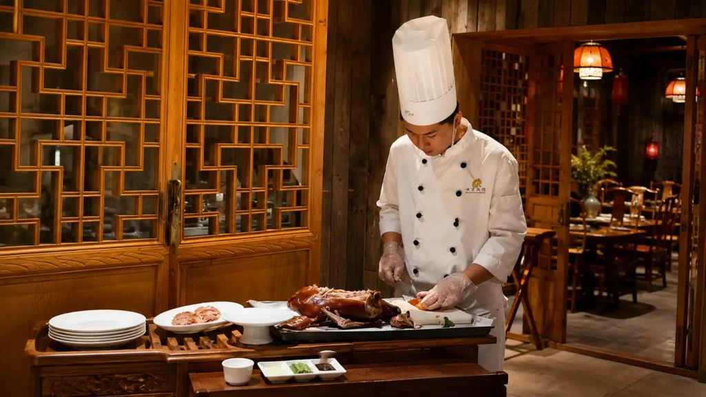 chef carving a whole roast duck tableside at a traditional Beijing restaurant