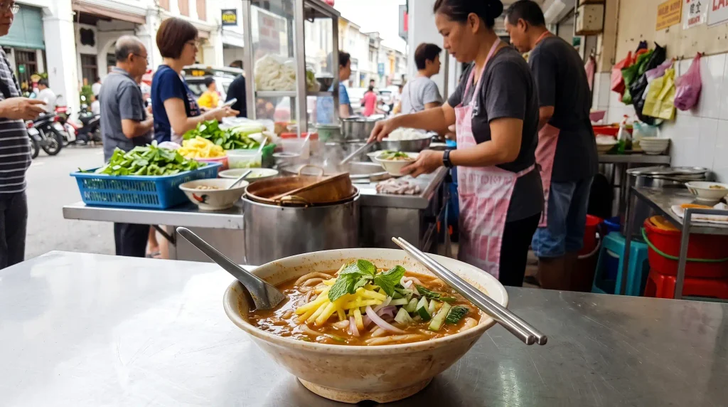 Bowl of Penang asam laksa at a George Town hawker stall