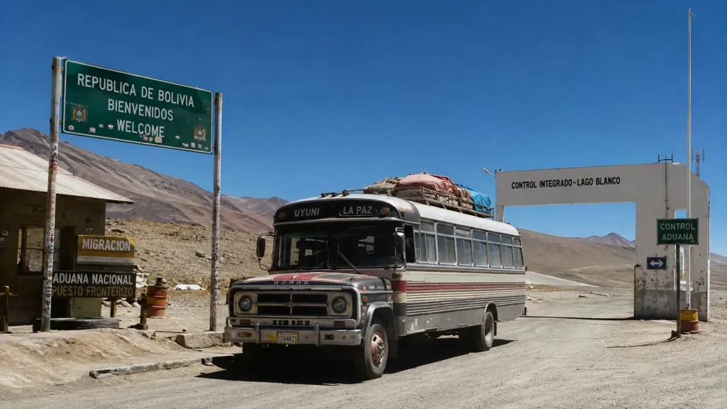 old bus arriving at the Bolivia border crossing near Uyuni