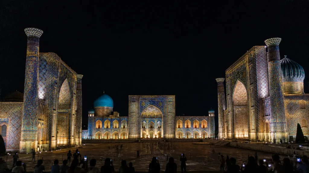 Registan Square lit up during the evening light and sound show