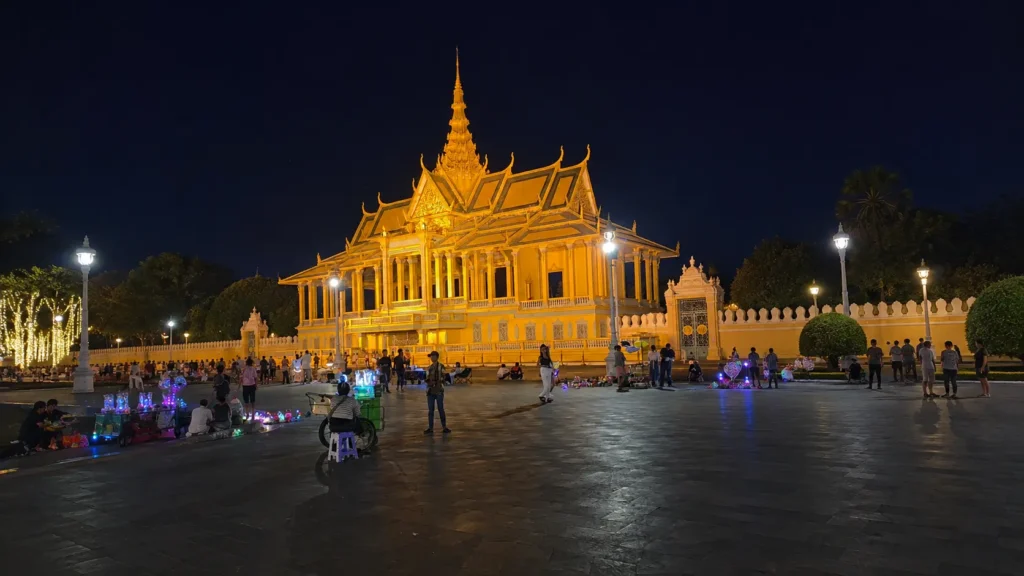 Royal Palace illuminated at night in Phnom Penh, Cambodia