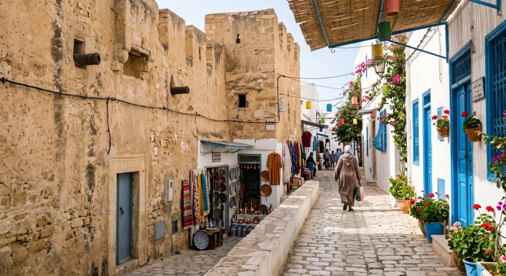 Hammamet Medina street with the Kasbah walls