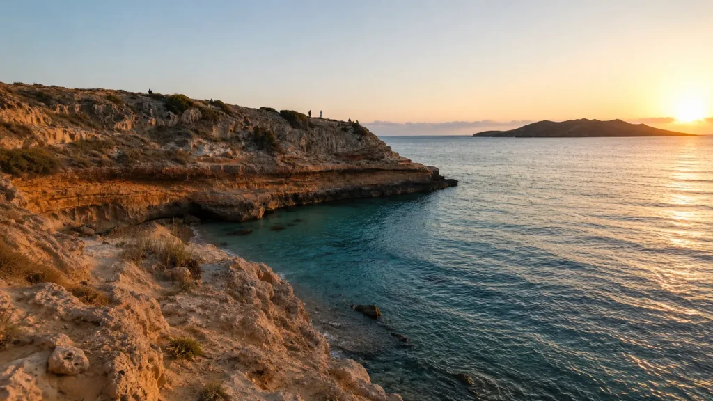 Rocky cove on Ibiza's west coast at sunset.