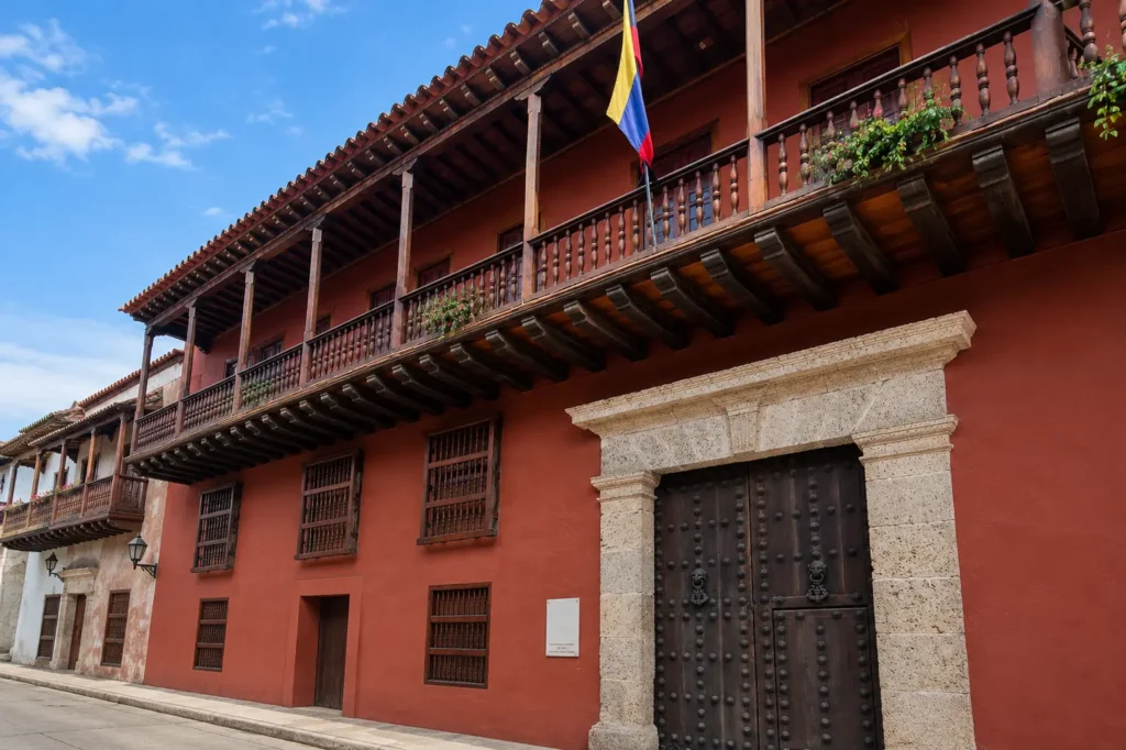 Ornate wooden colonial door on a red-painted house in Cartagena's walled city