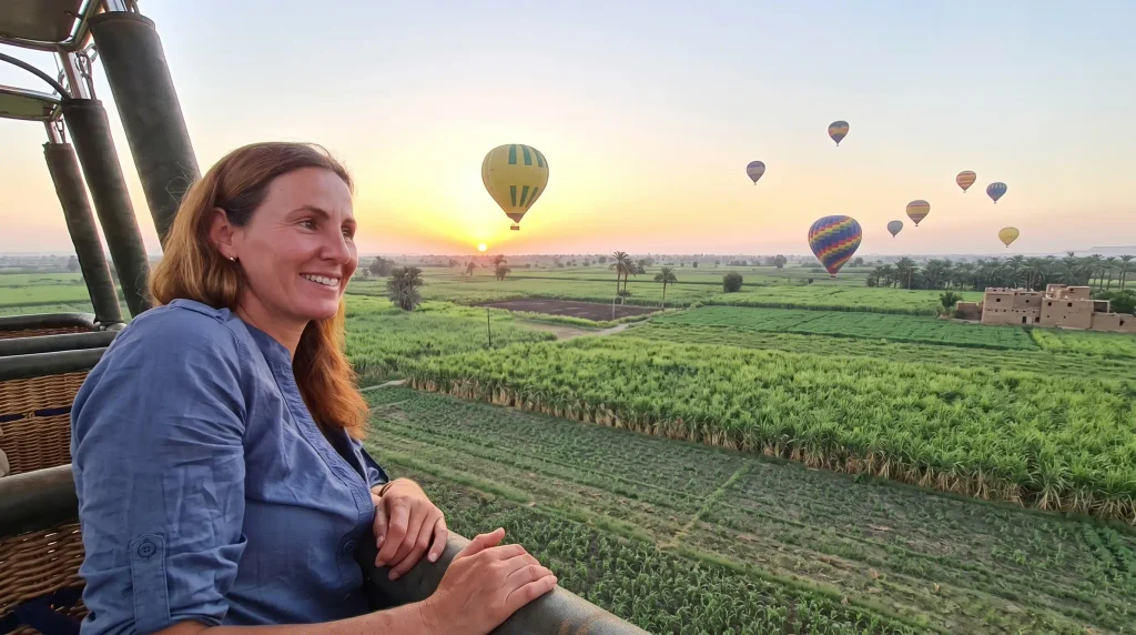 Sunrise hot air balloon flight over the Nile near Luxor