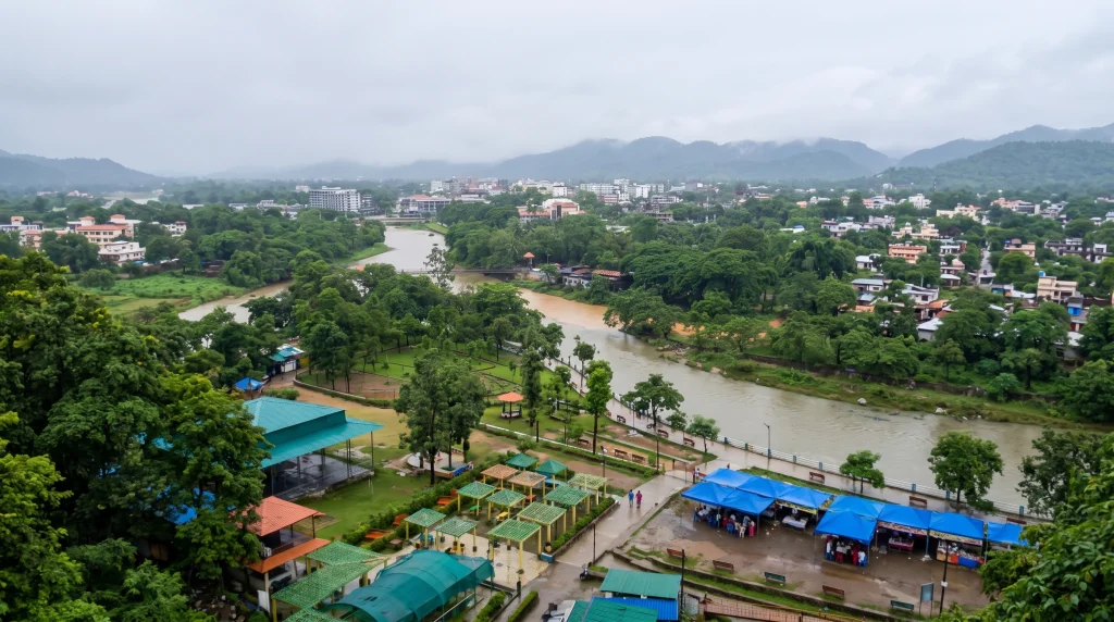 Elevated view over Vang Vieng town and the river on an overcast day