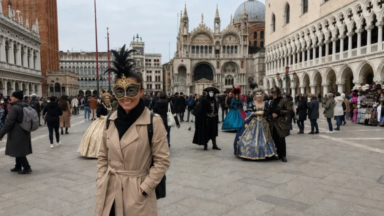 Costumed visitors during Venice Carnival in Piazza San Marco