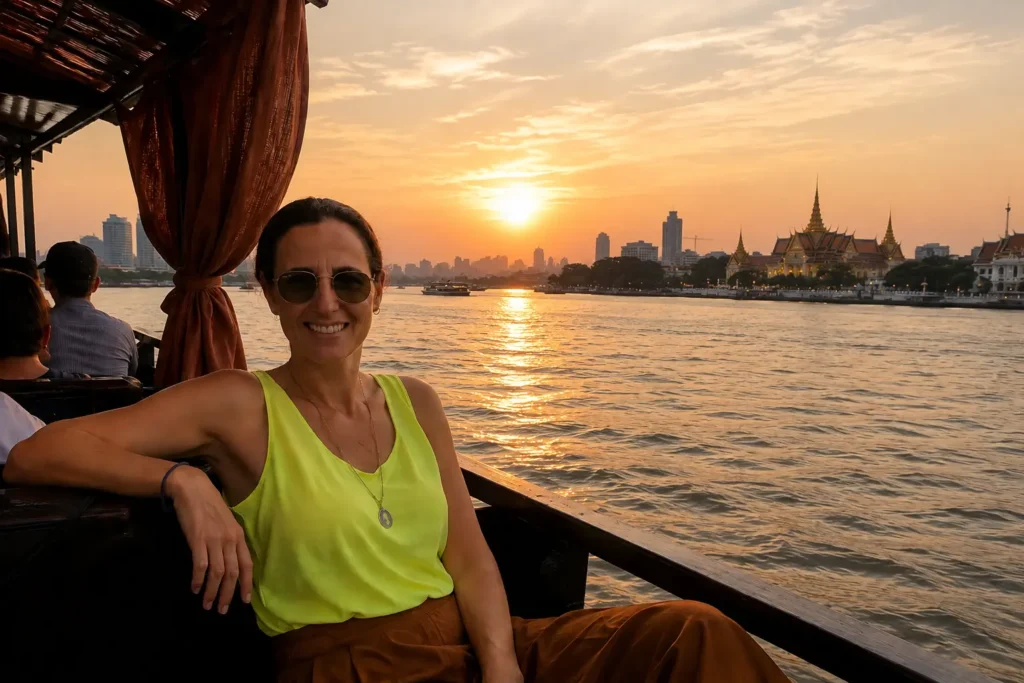 Sunset boat tour on the Tonle Sap River in Phnom Penh with the Royal Palace in the background