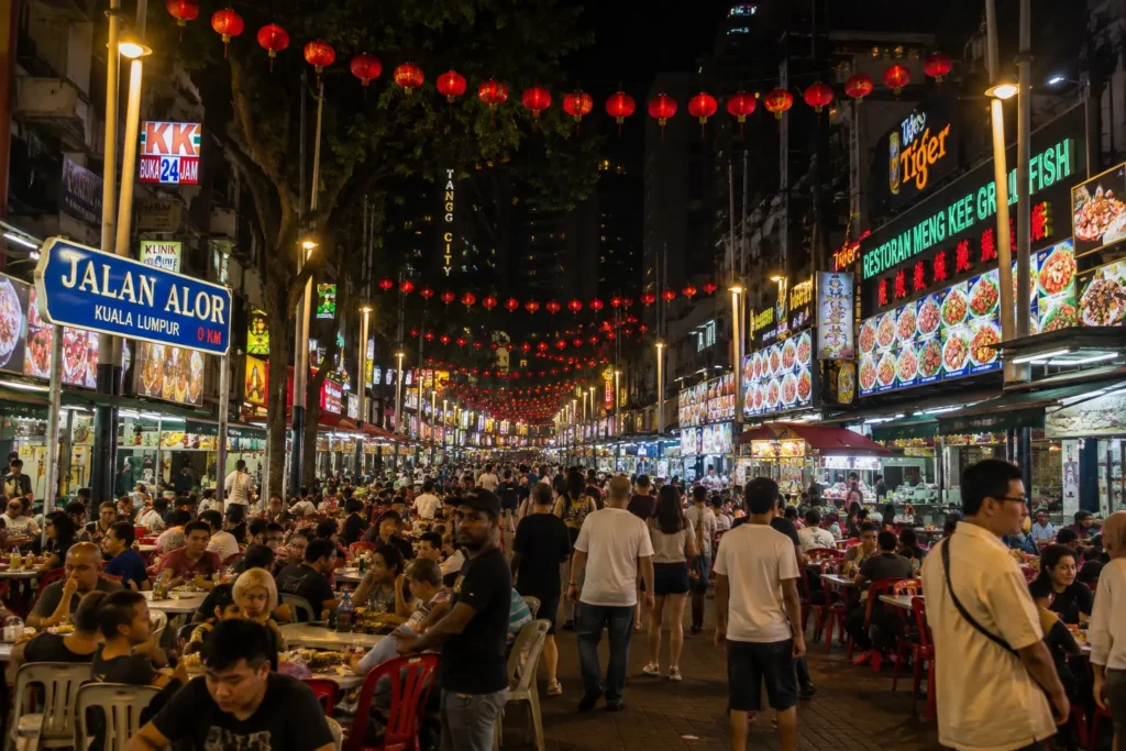Jalan Alor street sign with crowded outdoor food stalls and red lanterns overhead at night, Kuala Lumpur.