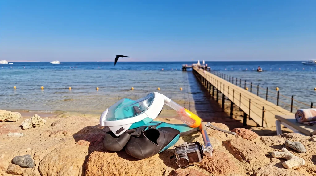 Snorkel gear on the reef beach jetty in Sharm El Sheikh