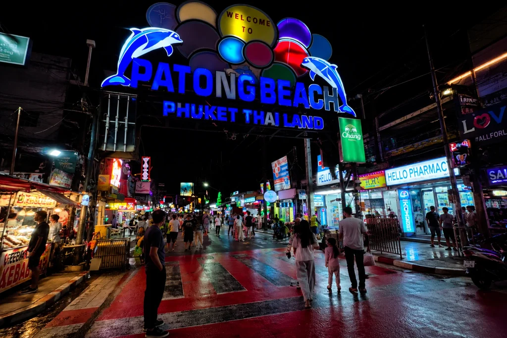 Patong Beach welcome sign lit up at night, Phuket, Thailand