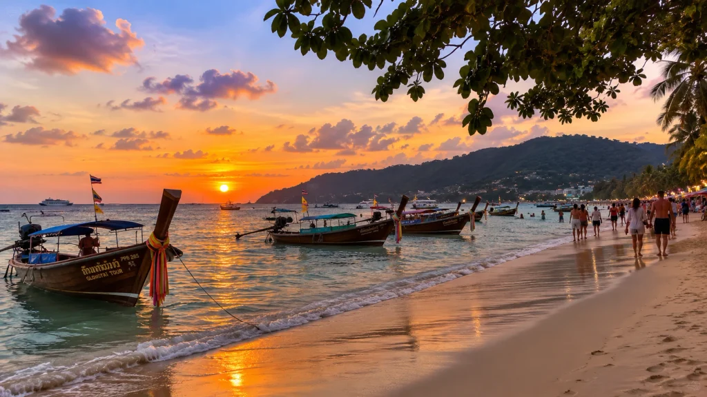 Sunset over longtail boats on Patong Beach, Phuket