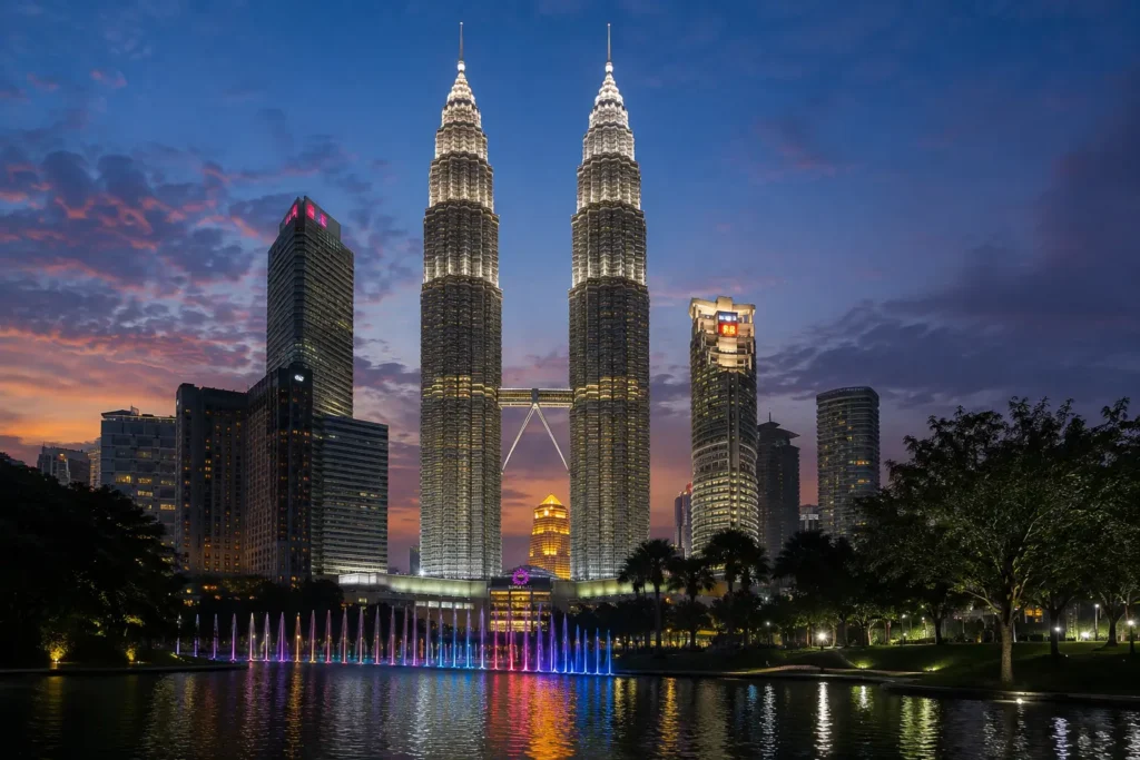 Petronas Twin Towers lit up at dusk with the Lake Symphony fountain show in the foreground, Kuala Lumpur.
