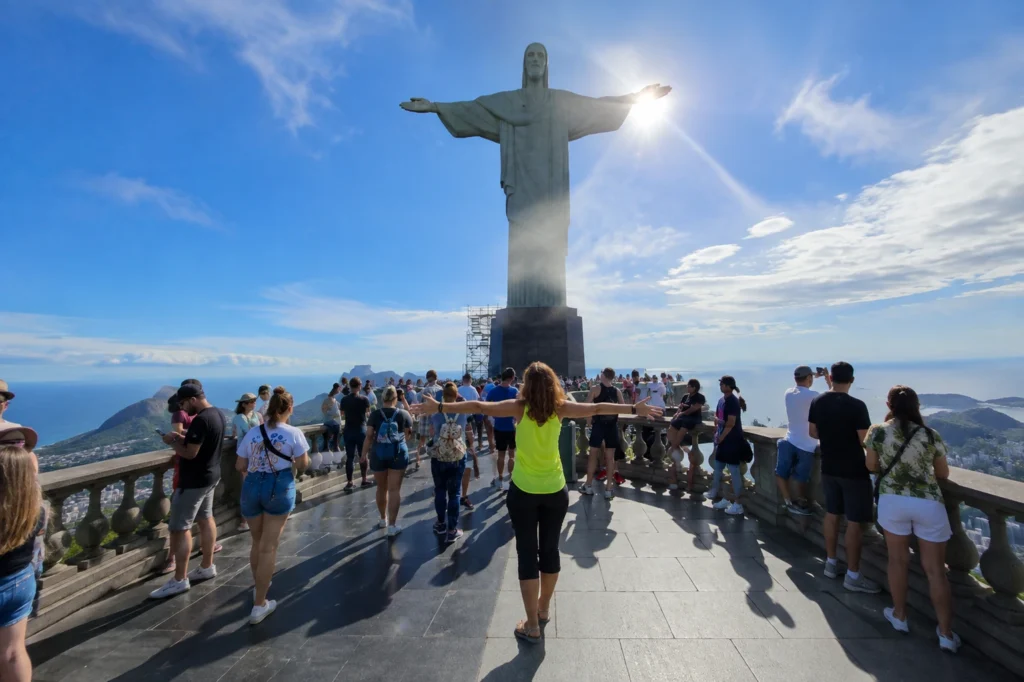 Tourists visiting the Christ the Redeemer statue on Corcovado Mountain in Rio de Janeiro