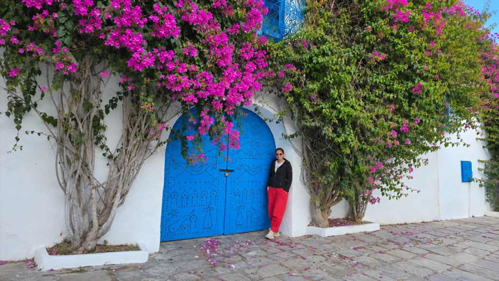 Sidi Bou Said blue door with bougainvillea flowers