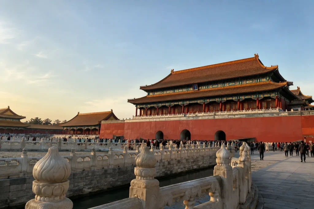 Forbidden City's red walls and golden rooftops glowing at sunset in Beijing.