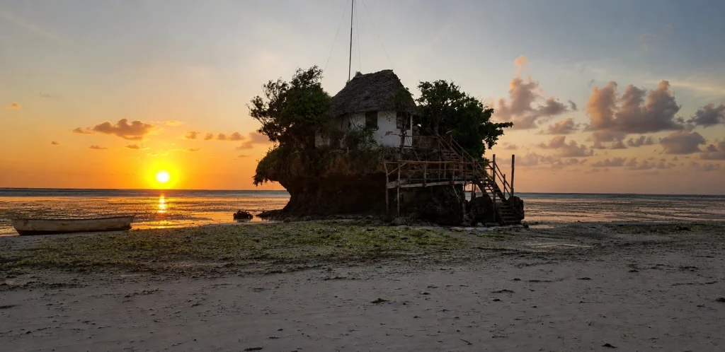 The Rock Restaurant Zanzibar at sunset, Pingwe coastline