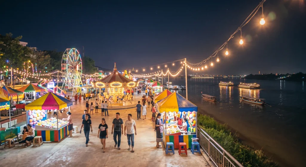 Riverside night market and Ferris wheel along the Mekong in Vientiane