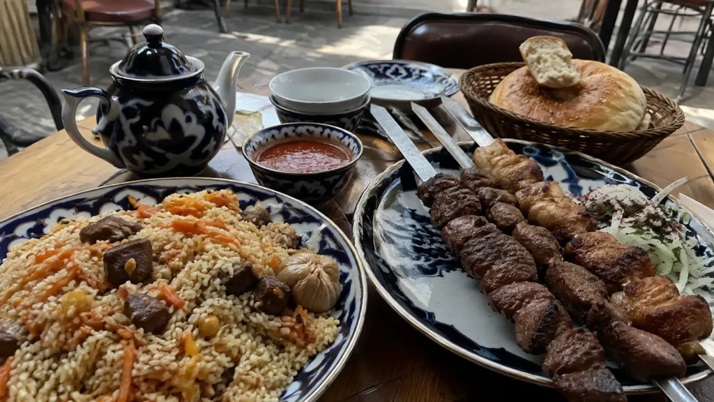 Uzbek plov, shashlik, tea and bread table Samarkand