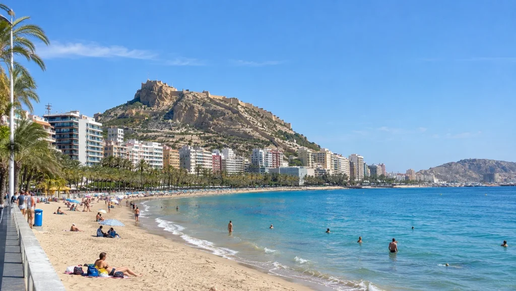 Alicante travel guide: Postiguet Beach with Castillo de Santa Bárbara on the hill above