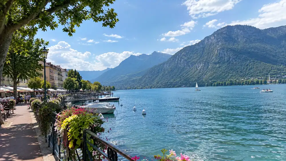 Lake Annecy promenade with mountains and boats