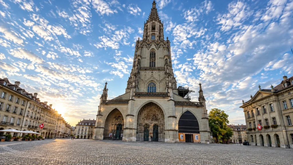 The Gothic facade and tower of Bern Cathedral (Berner Münster), the tallest cathedral in Switzerland