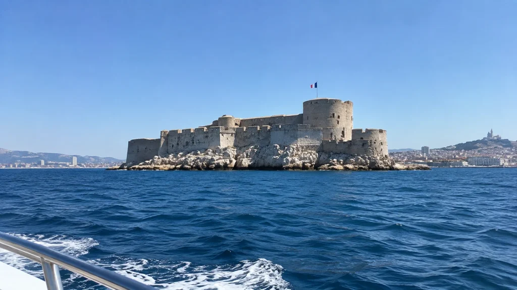 Château d'If fortress seen from the boat, with Marseille's coastline in the background"