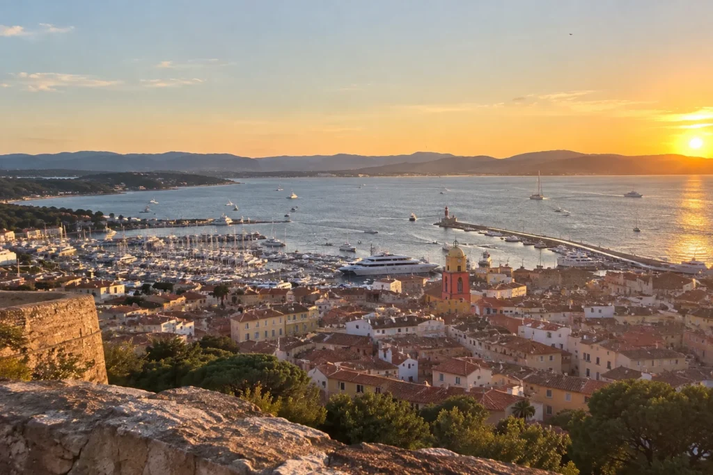 Panoramic sunset view from the Citadelle de Saint-Tropez over the village and harbor.