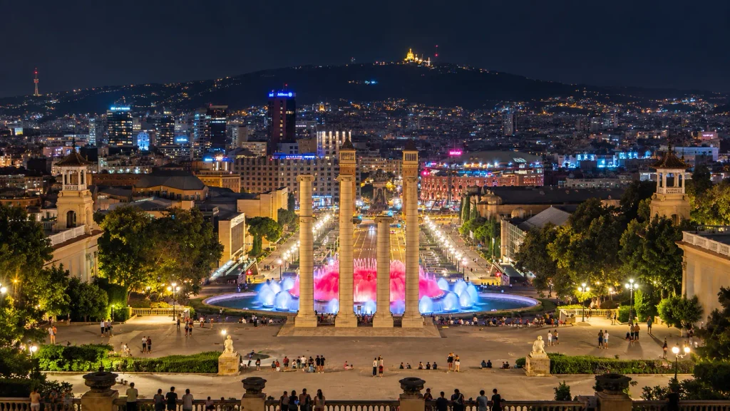 Font Màgica fountain show at Plaça d'Espanya, Barcelona, at night