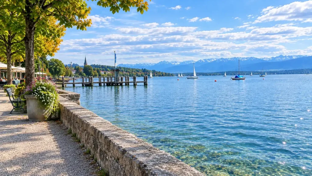 Lake Starnberg shoreline near Munich with the Alps in the distance