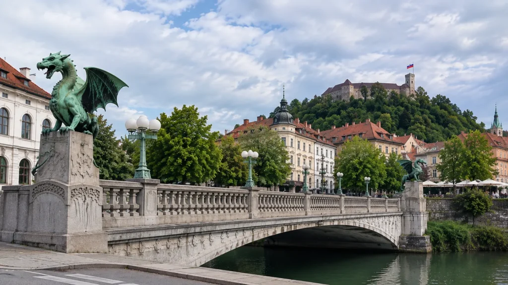 Dragon statue on the Dragon Bridge in Ljubljana with the castle on the hill behind