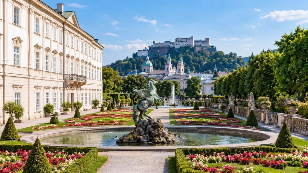 Mirabell Gardens in Salzburg with the Pegasus fountain, flower beds and Hohensalzburg Fortress in the background