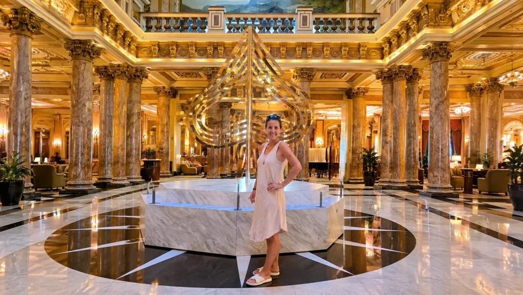 Monaco travel guide photo inside the marble and gold lobby of Hôtel de Paris Monte-Carlo