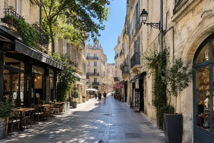 Narrow pedestrian street with café terraces in Montpellier's L'Écusson old town.