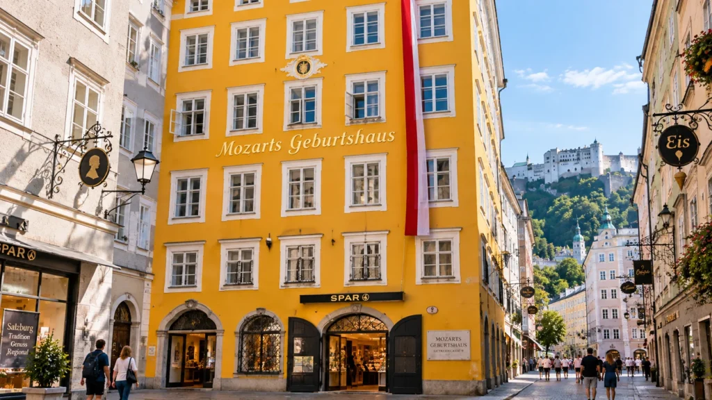 Mozart's Birthplace, the yellow townhouse at Getreidegasse 9 in Salzburg, with Hohensalzburg Fortress above the rooftops