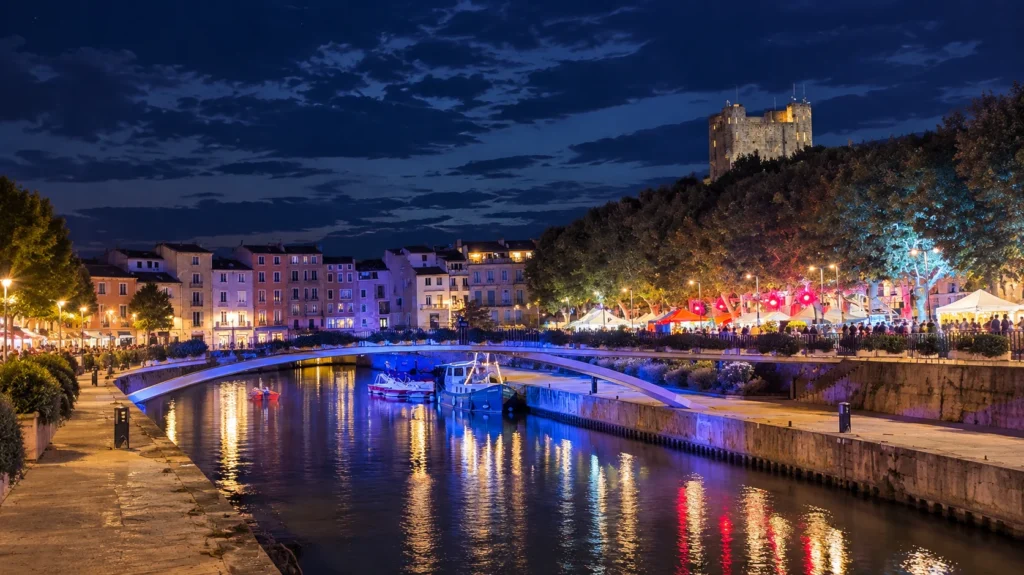 Canal de la Robine in Narbonne at night during the summer festival, with market stalls and lights along the water