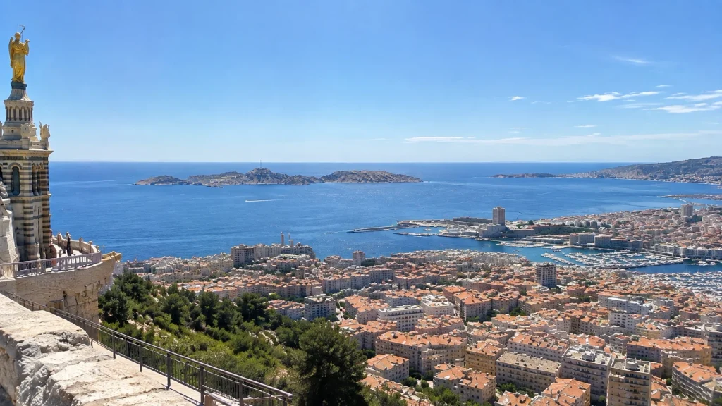 Marseille travel guide: view from Notre-Dame de la Garde over the rooftops and Frioul Islands