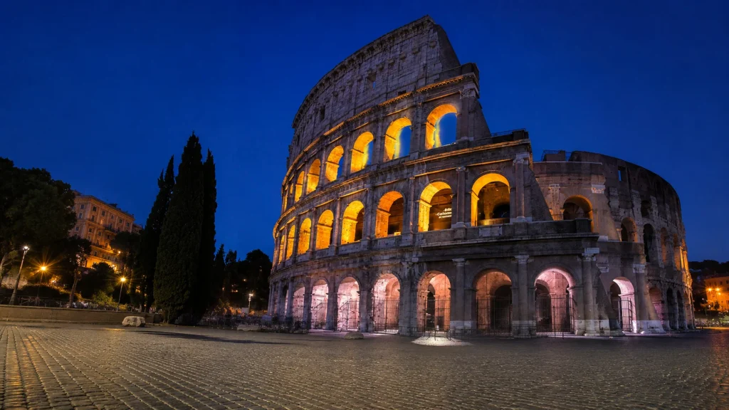 Colosseum illuminated at night, seen from the Roman Forum side, Rome, Italy.