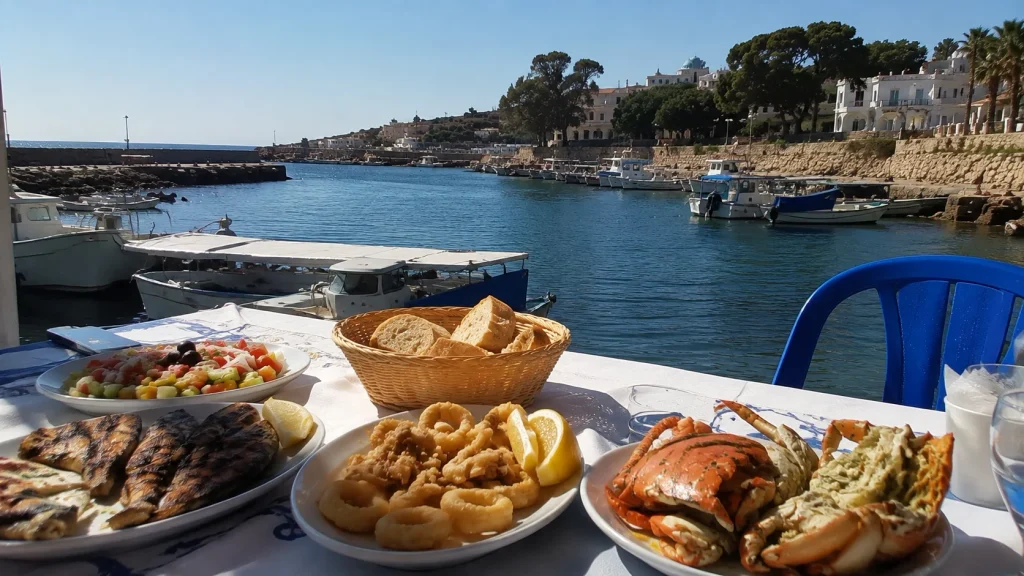 Fresh seafood lunch at a restaurant by Tipaza's port