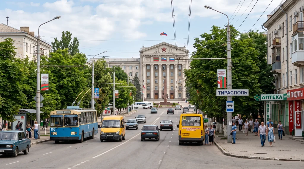 Wide Tiraspol central avenue with blue and yellow Soviet-era buses, government building with red star in background, Cyrillic signage, typical Soviet street scene