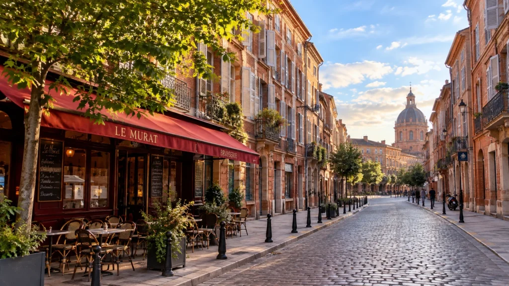 Historic pink-brick street in Toulouse old town near Le Murat brasserie