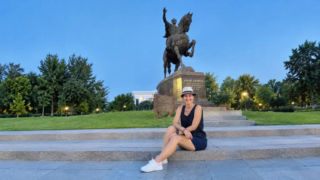 Amir Temur statue in Tashkent at dusk