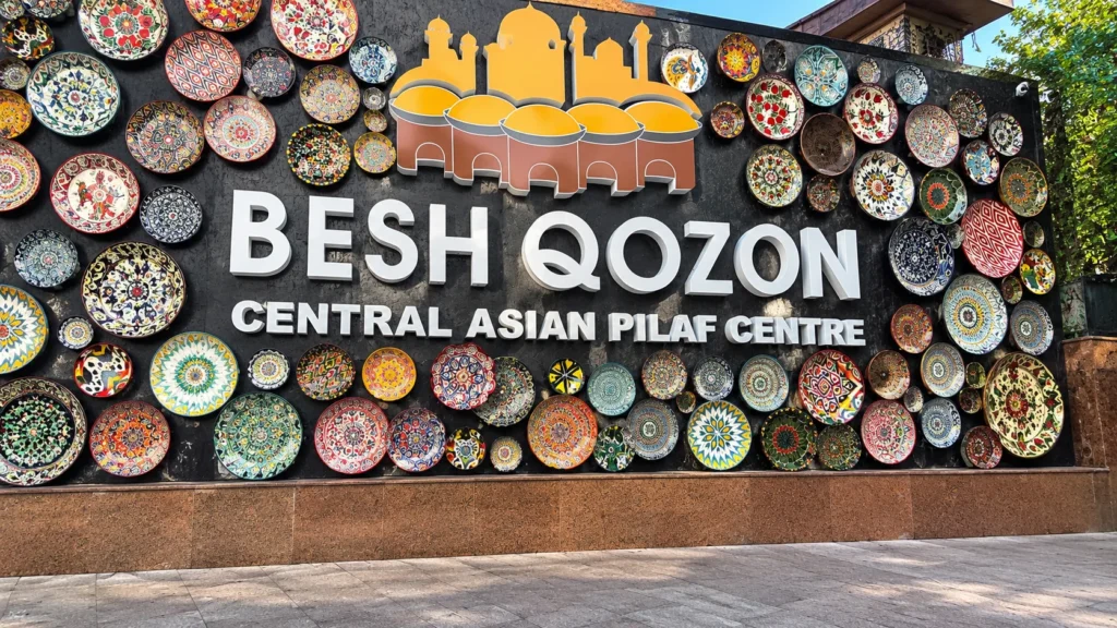 Entrance wall of Besh Qozon, the Central Asian Pilaf Centre in Tashkent, decorated with hand-painted ceramic plates