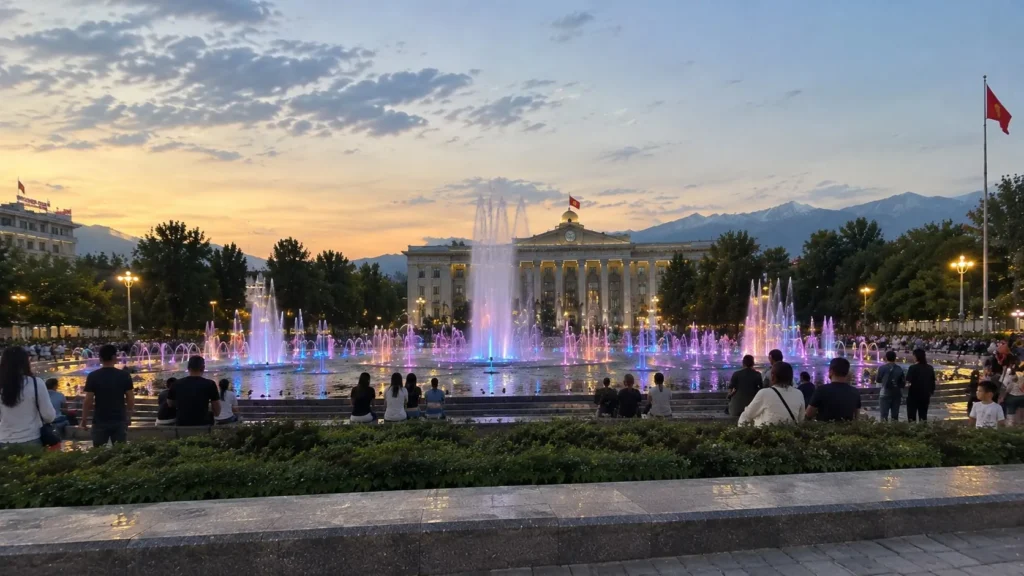 Evening fountain show with colored lights at Ala-Too Square in Bishkek