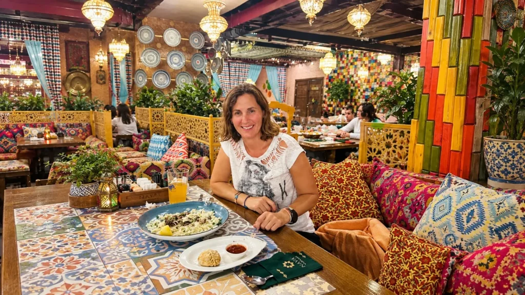 Plate of beshbarmak at a colorful Central Asian restaurant in Bishkek