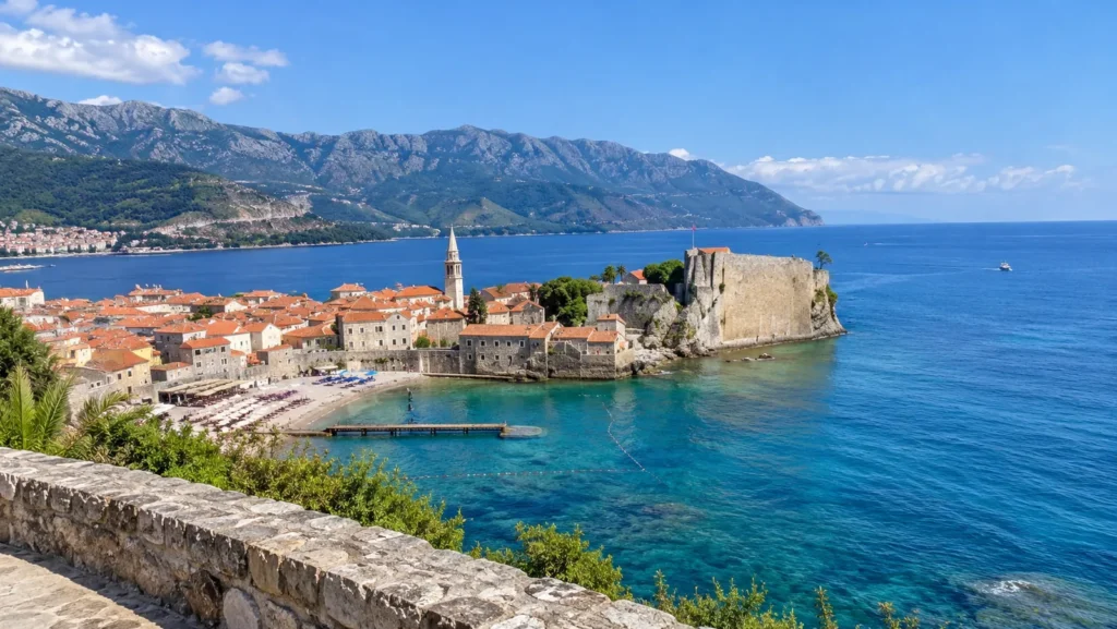 Budva travel guide: aerial view of Budva Old Town with terracotta roofs, the Citadel walls and turquoise sea