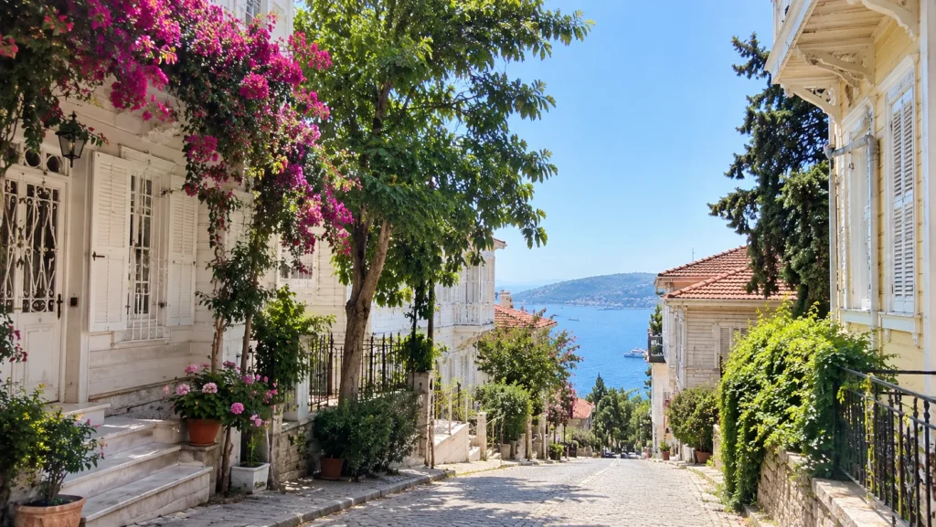 Buyukada travel guide: cobblestone street lined with wooden mansions and pink bougainvillea, with sea views at the end